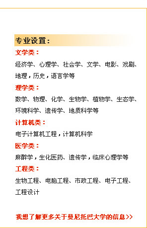 專業(yè)設(shè)置　文學(xué)類：
經(jīng)濟(jì)學(xué)、心理學(xué)、社會(huì)學(xué)、文學(xué)、電影、戲劇、地理，歷史，語言學(xué)等
理學(xué)類：
數(shù)學(xué)、物理、化學(xué)、生物學(xué)、植物學(xué)、生態(tài)學(xué)、環(huán)境科學(xué)、遺傳學(xué)、地質(zhì)科學(xué)等
計(jì)算機(jī)類：
電子計(jì)算機(jī)工程，計(jì)算機(jī)科學(xué)
醫(yī)學(xué)類：
麻醉學(xué)，生化醫(yī)藥、遺傳學(xué)，臨床心理學(xué)等
工程類：
　生物工程、電腦工程、市政工程、電子工程、工程設(shè)計(jì)