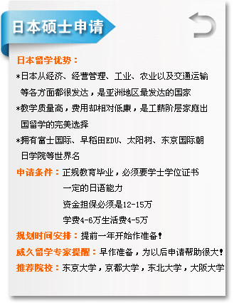 日本碩士申請(qǐng)  日本留學(xué)優(yōu)勢(shì)??
*日本從經(jīng)濟(jì)、經(jīng)營(yíng)管理、工業(yè)、農(nóng)業(yè)以及交通運(yùn)??
 等各方面都很發(fā)達(dá)，是亞洲地區(qū)最發(fā)達(dá)的國(guó)??
*教學(xué)質(zhì)量高，費(fèi)用卻相對(duì)低廉，是工薪階層家庭出
 國(guó)留學(xué)的完美選擇
*擁有富士國(guó)際、早稻田EDU、太陽(yáng)樹(shù)、東京國(guó)際朝
 日學(xué)院等世界??
申請(qǐng)條件：正規(guī)教育畢業(yè)，必須要學(xué)士學(xué)位證??
           一定的日語(yǔ)能力
           資金擔(dān)保必須??2-15??
           學(xué)費(fèi)4-6萬(wàn)生活費(fèi)4-5??
規(guī)劃時(shí)間安排：提前一年開(kāi)始作準(zhǔn)備??
威久留學(xué)提醒：早作準(zhǔn)備，為以后申請(qǐng)幫助很大！
推薦院校：東京大學(xué)，京都大學(xué)，東北大學(xué)，大阪大學(xué)